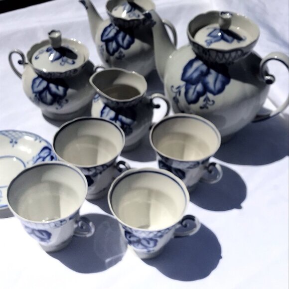 Rare Vtg Russian (USSR) Soviet Antq DULEVO Dapko Blue Floral Porcelain Tea Set - Picture 3 of 16